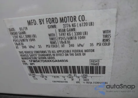 2019 Ford Explorer Xlt z USA, uszkodzony, nr VIN 1FM5K7D8XKGA94936